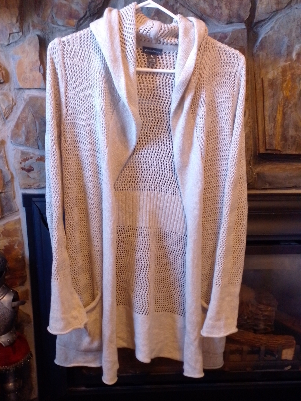Eddie Bauer Open-Knit Boho Hooded Long Cardigan Sweater Sx Cream Linen Cotton
